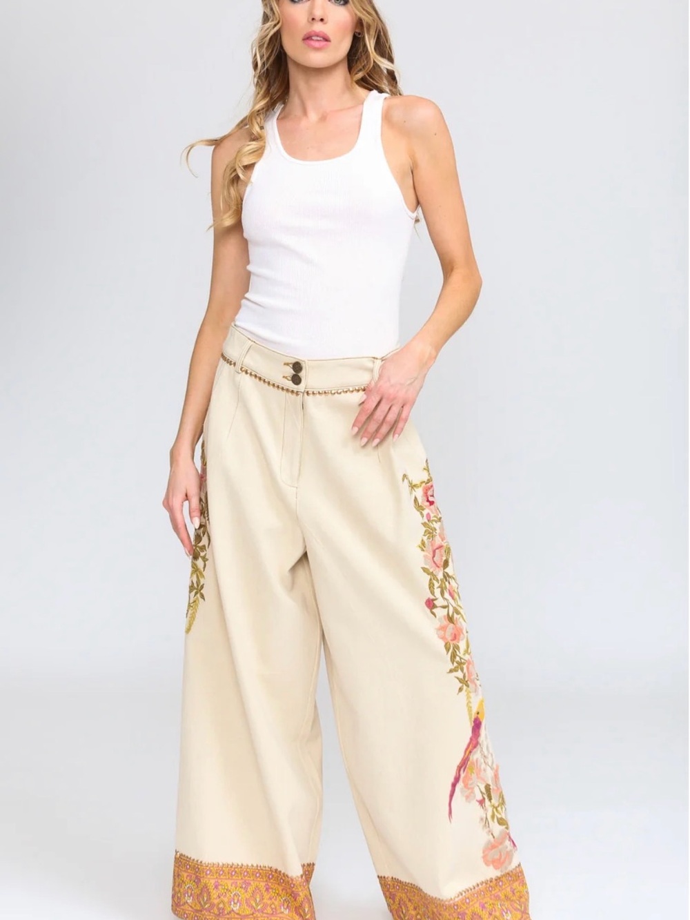 Time To Shine Embroidered Cream Wide-Leg Pants with Floral Trim by Aratta, NWT - Picture 2 of 7